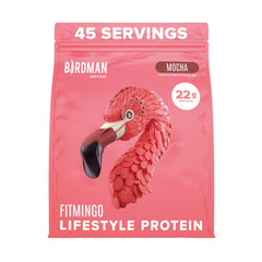 Birdman Fitmingo mocha protein powder bottle showing plant-based protein for steady energy