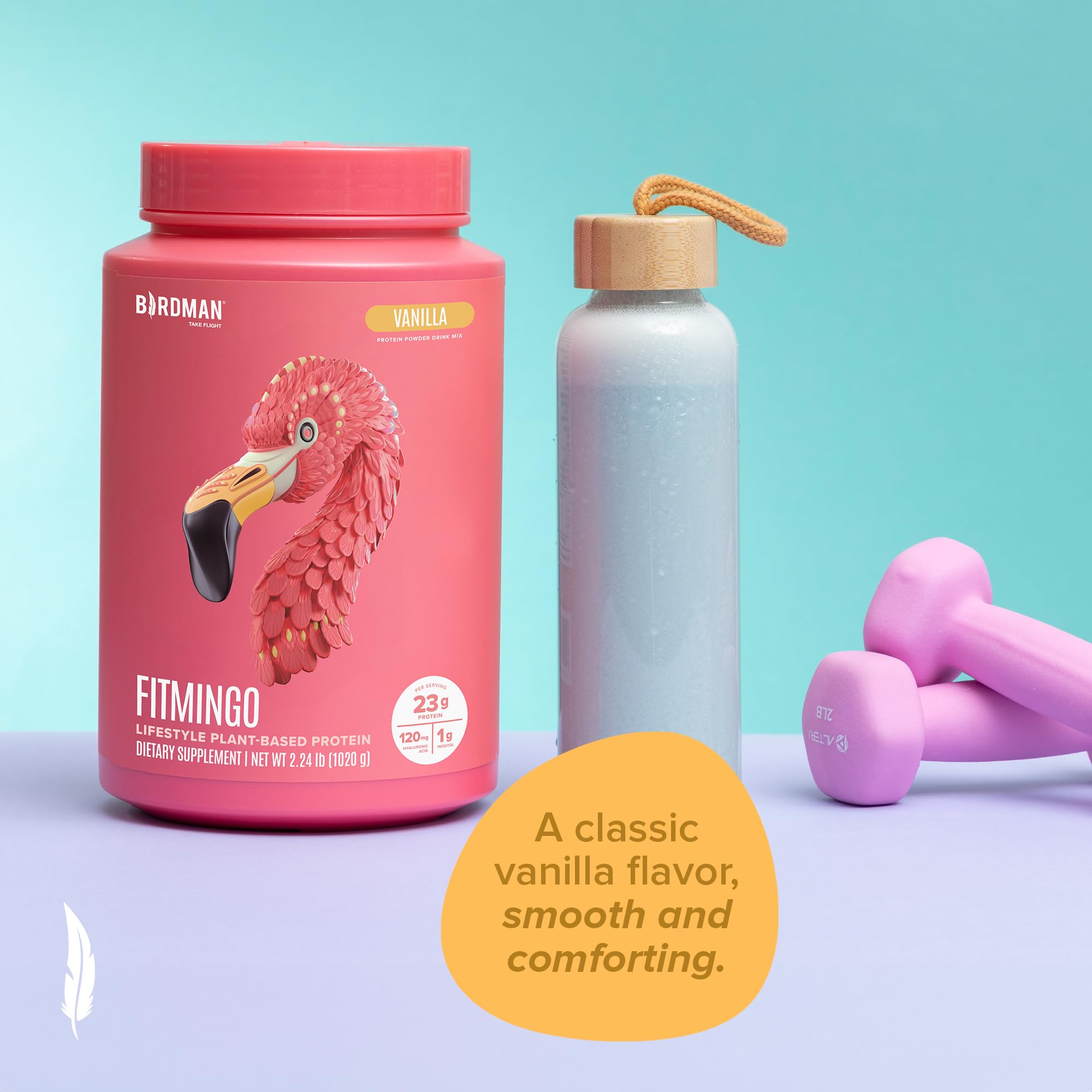 Birdman Fitmingo vanilla powder swirl hints at rich flavor.
