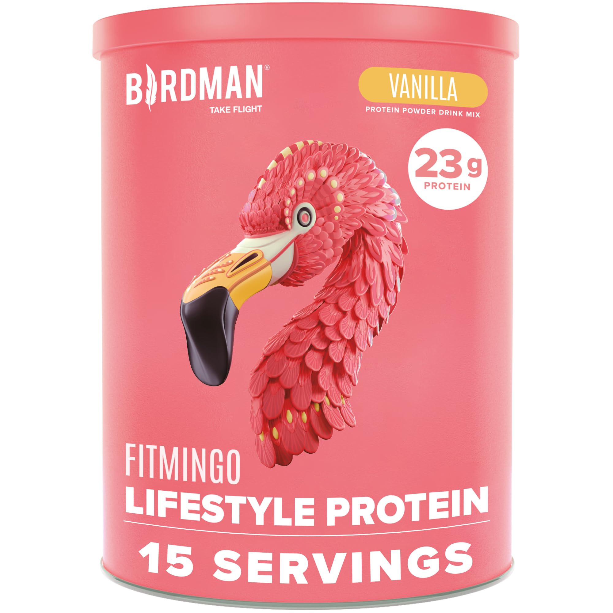 Birdman Fitmingo vanilla protein powder tub close-up highlighting plant-based formula.