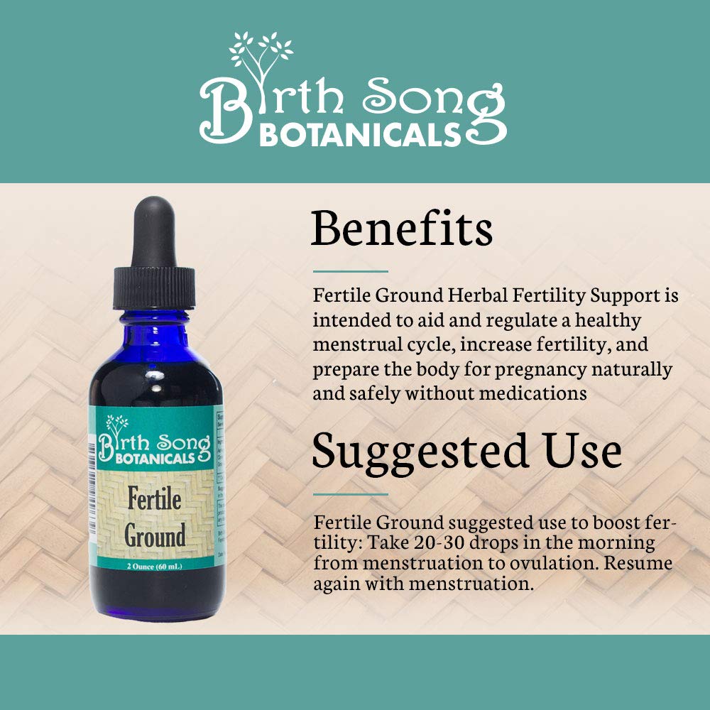 Birth Song Botanicals Fertile Ground label on bottle emphasizing organic herbal ingredients for wellness