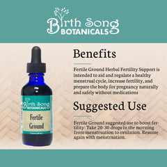 Birth Song Botanicals Fertile Ground label on bottle emphasizing organic herbal ingredients for wellness