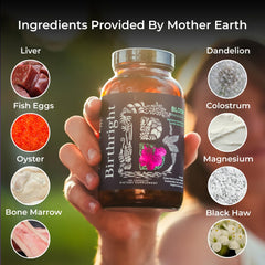 Birthright Bloom Prenatal bottle of fish roe highlights omega fats for fetal development support.