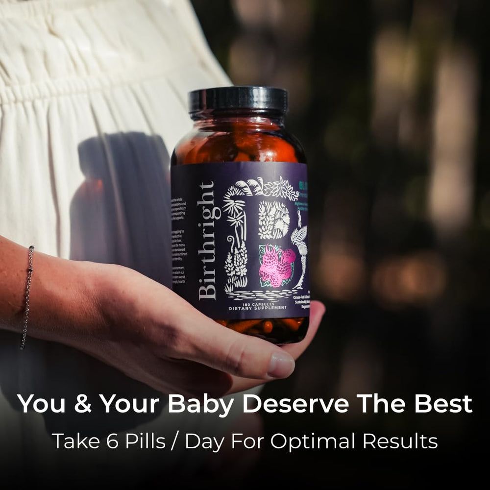 Birthright Bloom Prenatal bottle features dandelion root and black haw herbs for traditional nourishment.