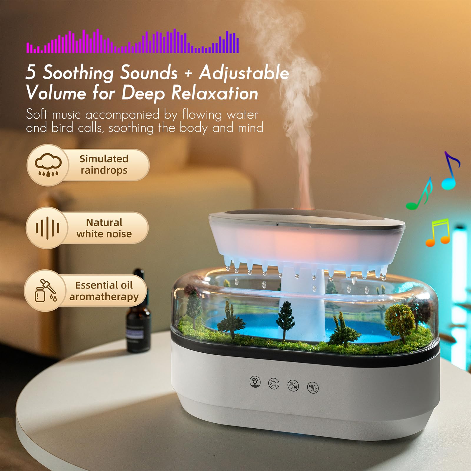 Biupky Raindrop Humidifier in a living room setup for gentle aroma.