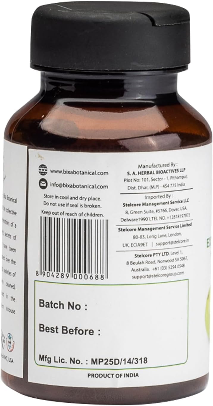 Bixa Botanical Amla Extract Capsule label emphasizes Ayurvedic heritage