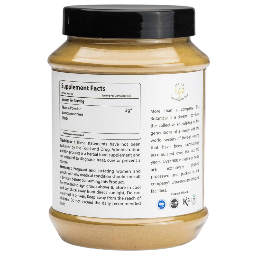 Bixa Botanical Bacopa powder canister displayed, ideal for mindful tea or smoothie boosts.