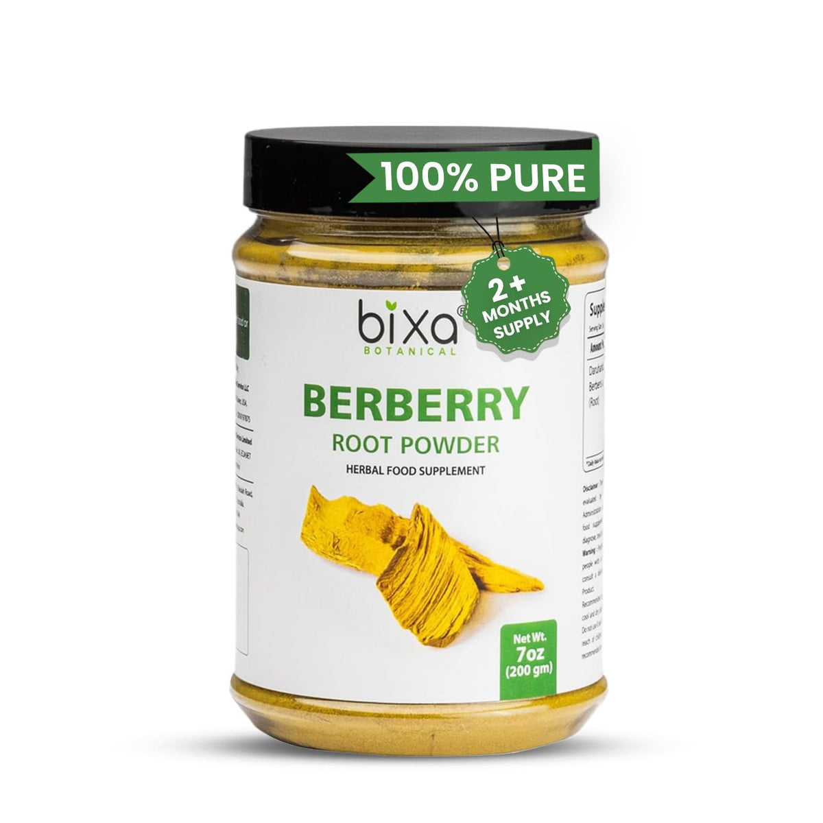 bixa BOTANICAL Berberry Root Powder bottle showing purity and vegan labeling
