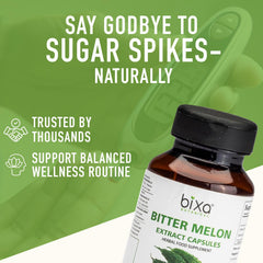bixa BOTANICAL Bitter Melon capsules close-up of the label, vegan formula shown.