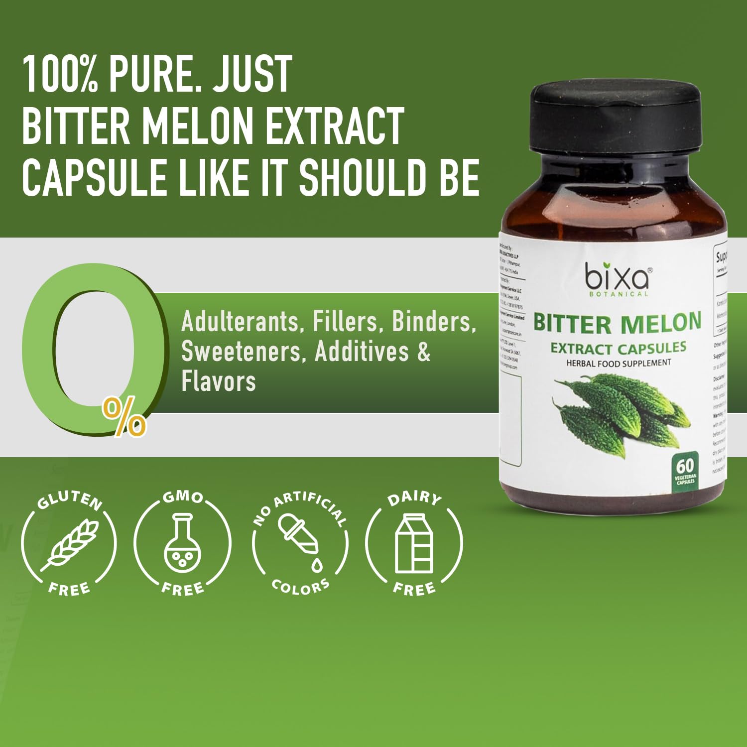bixa BOTANICAL Bitter Melon capsules being poured for easy daily intake.