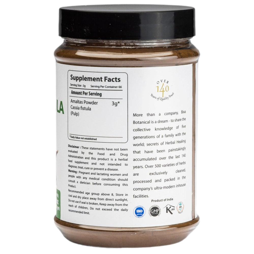Bixa Botanical Cassia Fistula jar close-up shows smooth powder texture ideal for mixing