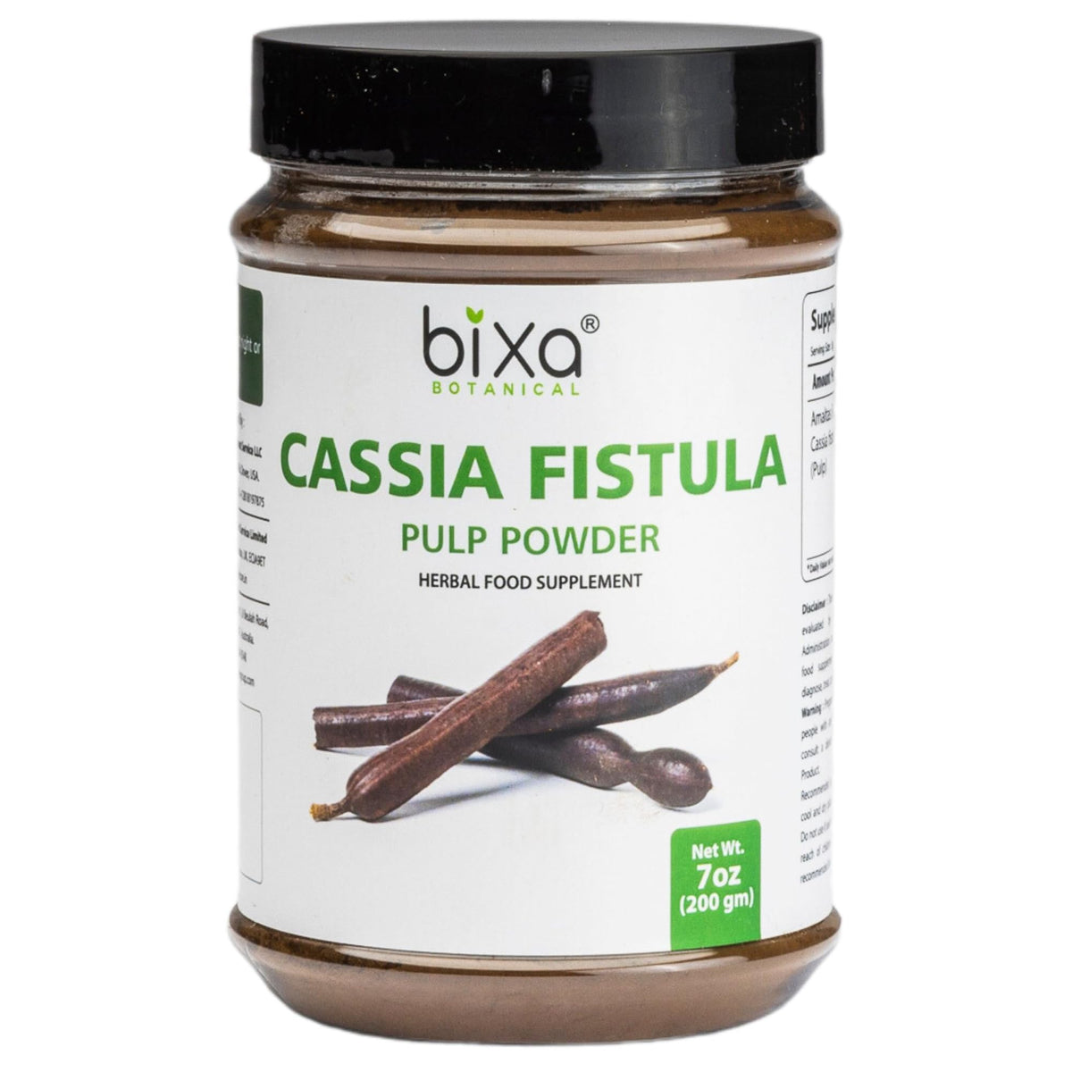 Bixa Botanical Cassia Fistula powder packaging highlighting natural, vegan, gluten-free formula for daily use