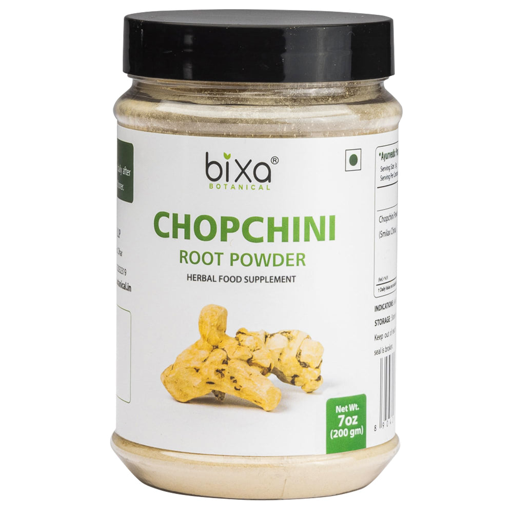bixa BOTANICAL Chopchini root powder in a glass jar, ideal for daily wellness rituals.