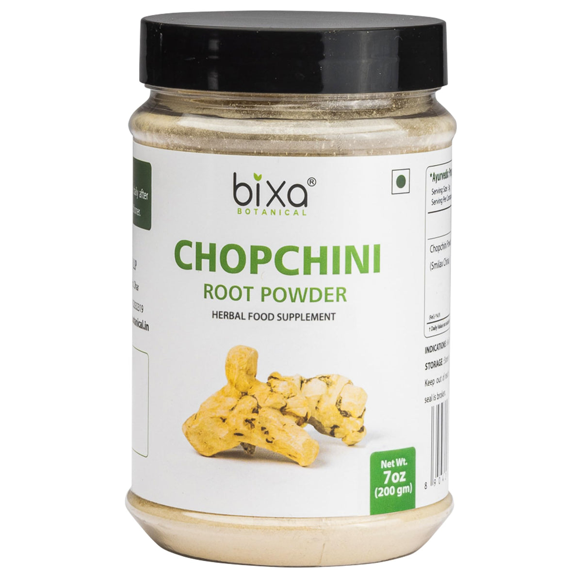bixa BOTANICAL Chopchini root powder in a glass jar, ideal for daily wellness rituals.