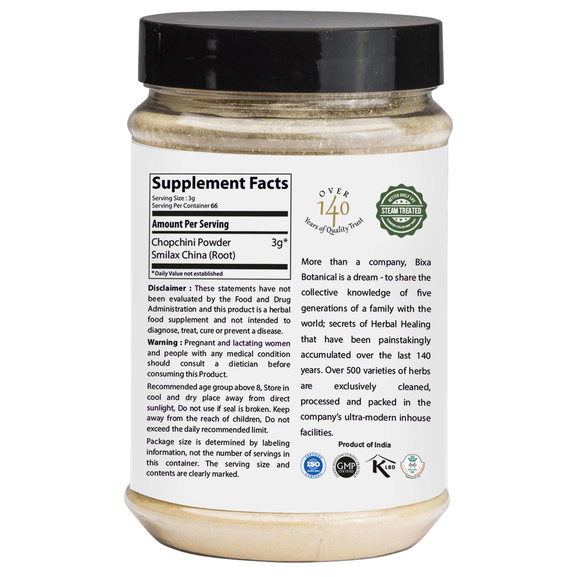 bixa BOTANICAL Chopchini root powder packaging with label, reflecting pure, steam-treated quality.