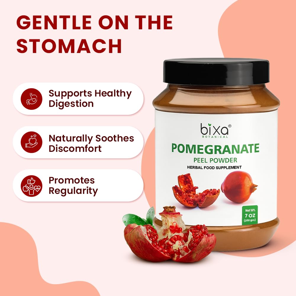 Close-up of Bixa Botanical pomegranate peel powder jar showing purity and fine texture