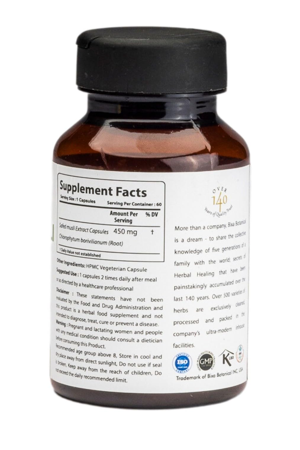 Bixa Botanical Safed Musli capsules bottle back with usage directions