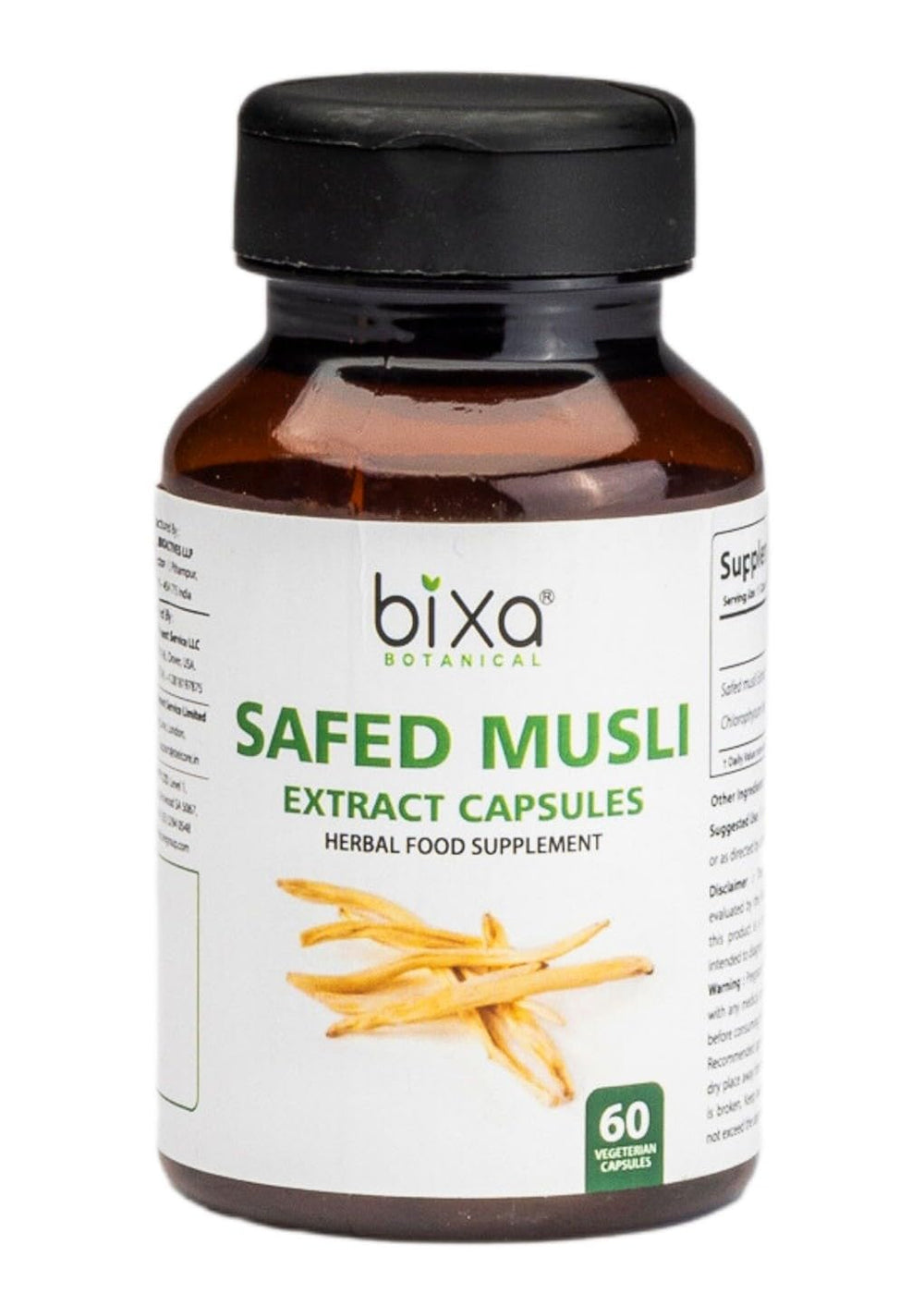 Bixa Botanical Safed Musli capsules bottle front for vitality support