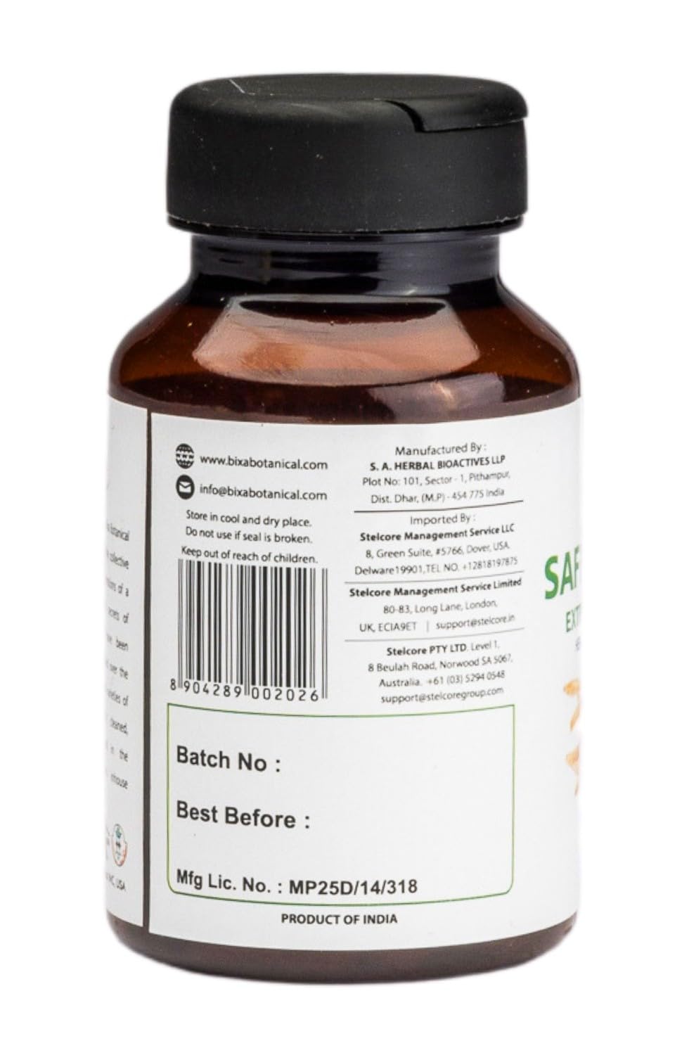 Bixa Botanical Safed Musli capsules label close-up highlighting purity
