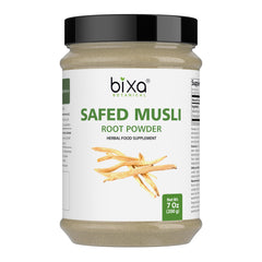 Bixa Botanical Safed Musli powder jar, front view, ideal for daily vitality support.