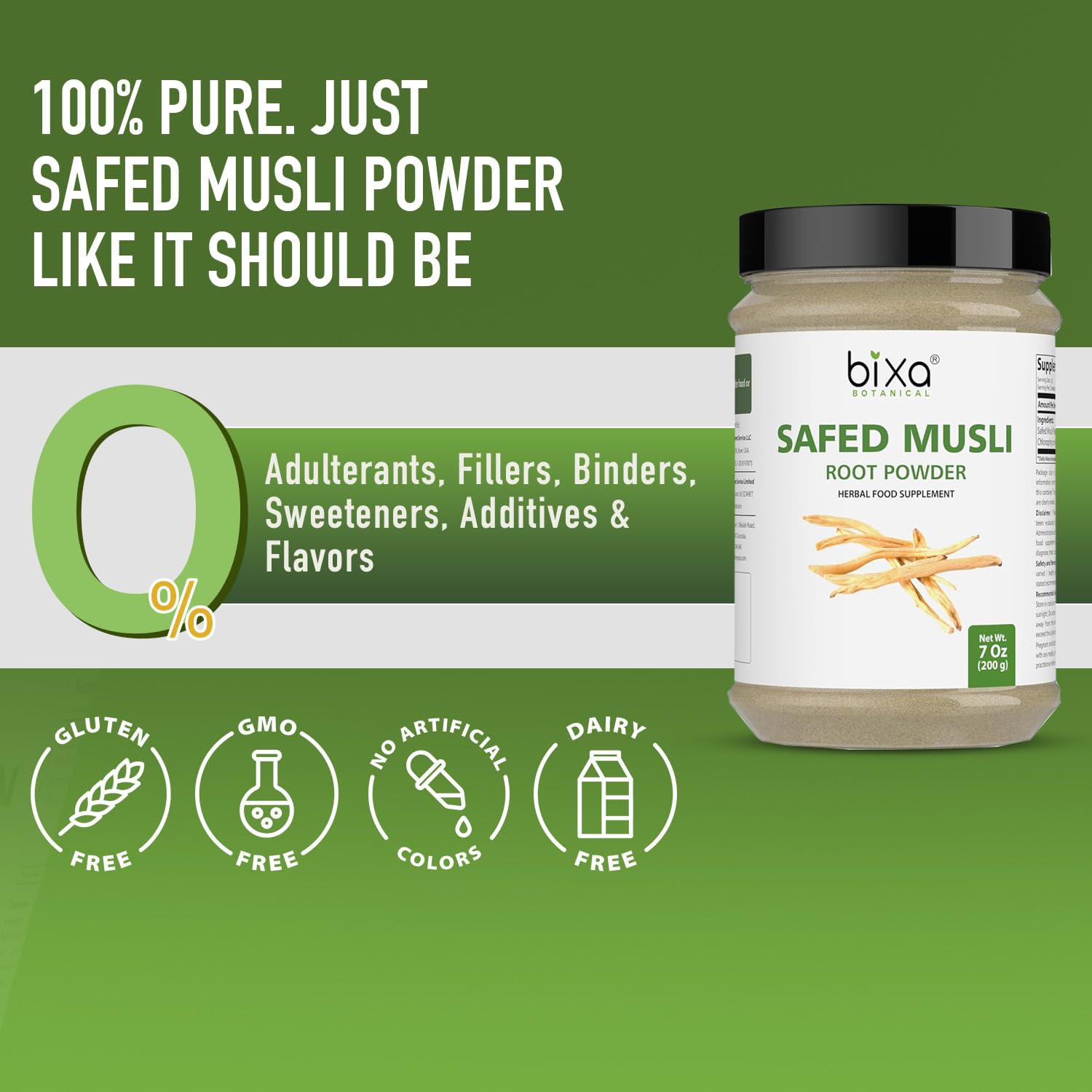 Bixa Botanical Safed Musli powder in a small bowl ready to mix into drinks.