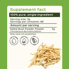 Bixa Botanical Safed Musli powder with measuring scoop beside the jar for easy dosing.