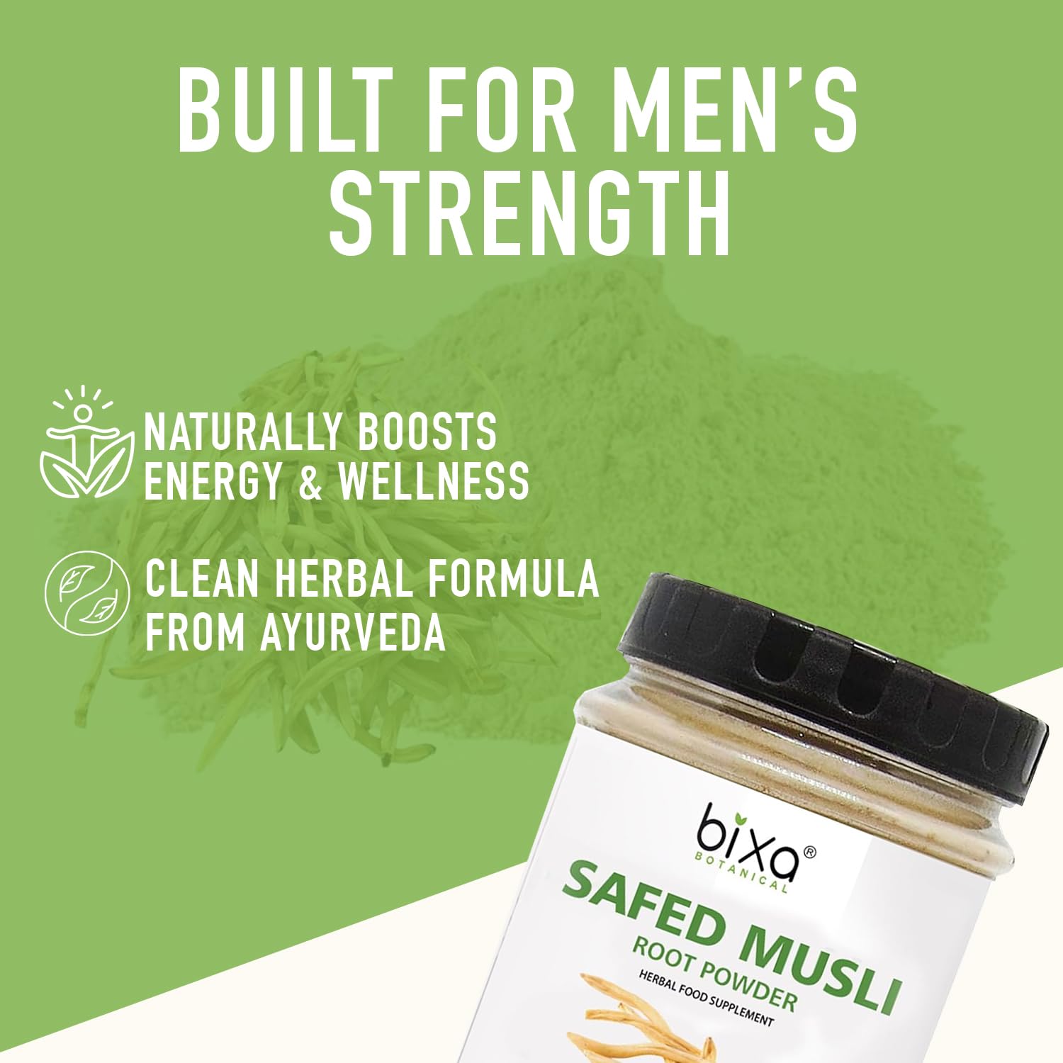 Measuring spoon with Safed Musli powder for precise daily dosing.