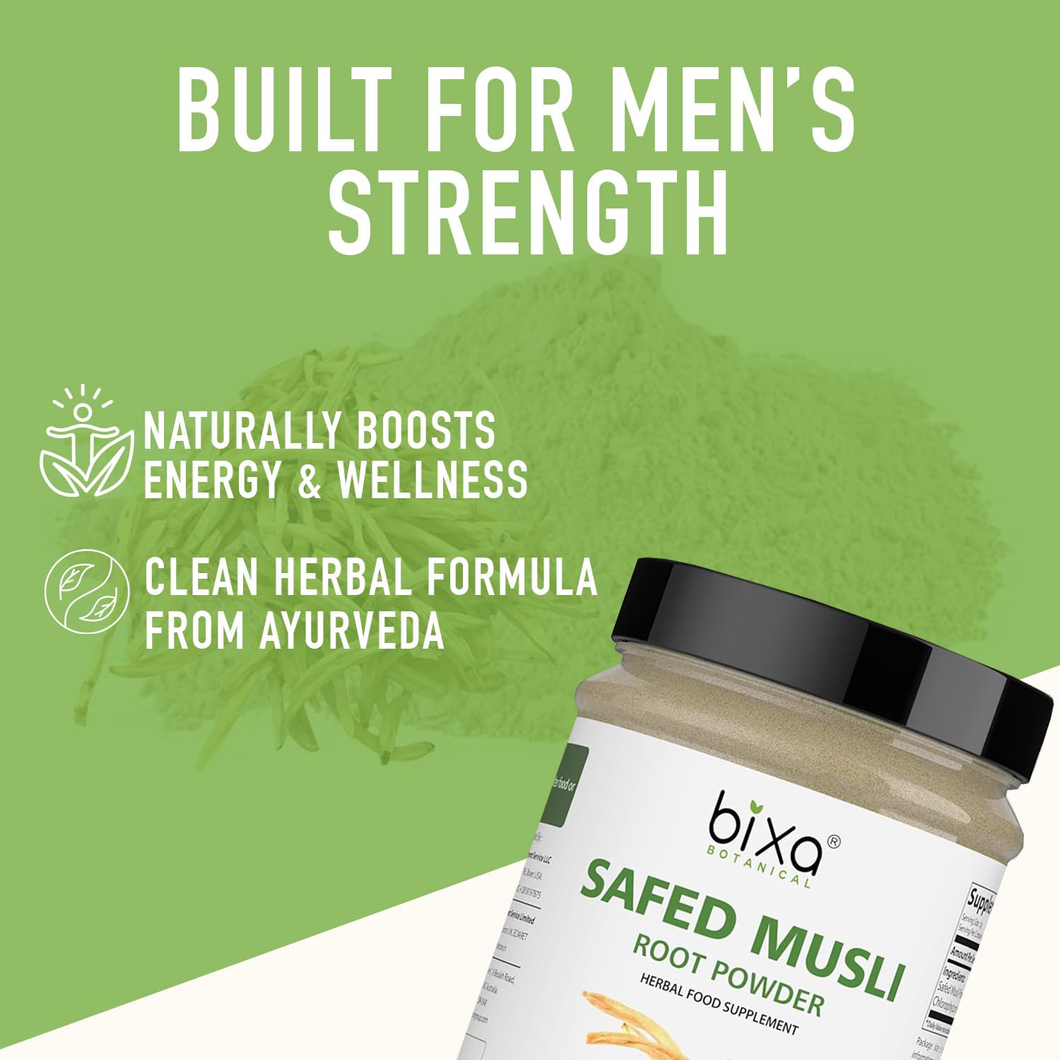 Bixa Botanical Safed Musli powder packaging box communicates a clean label without additives.