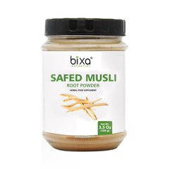 Bixa Botanical Safed Musli packaging highlights premium gluten-free Ayurvedic supplement.
