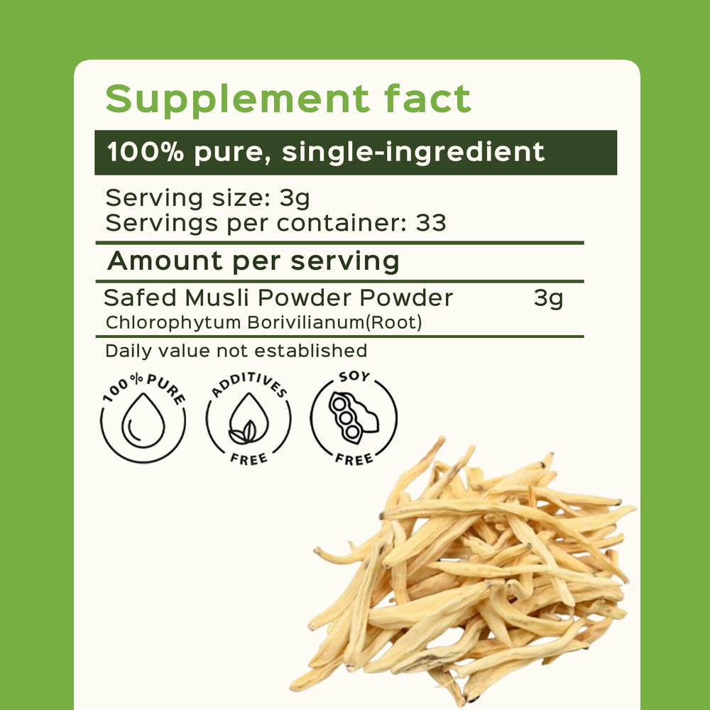 Close-up of fine Safed Musli powder texture with earthy aroma.