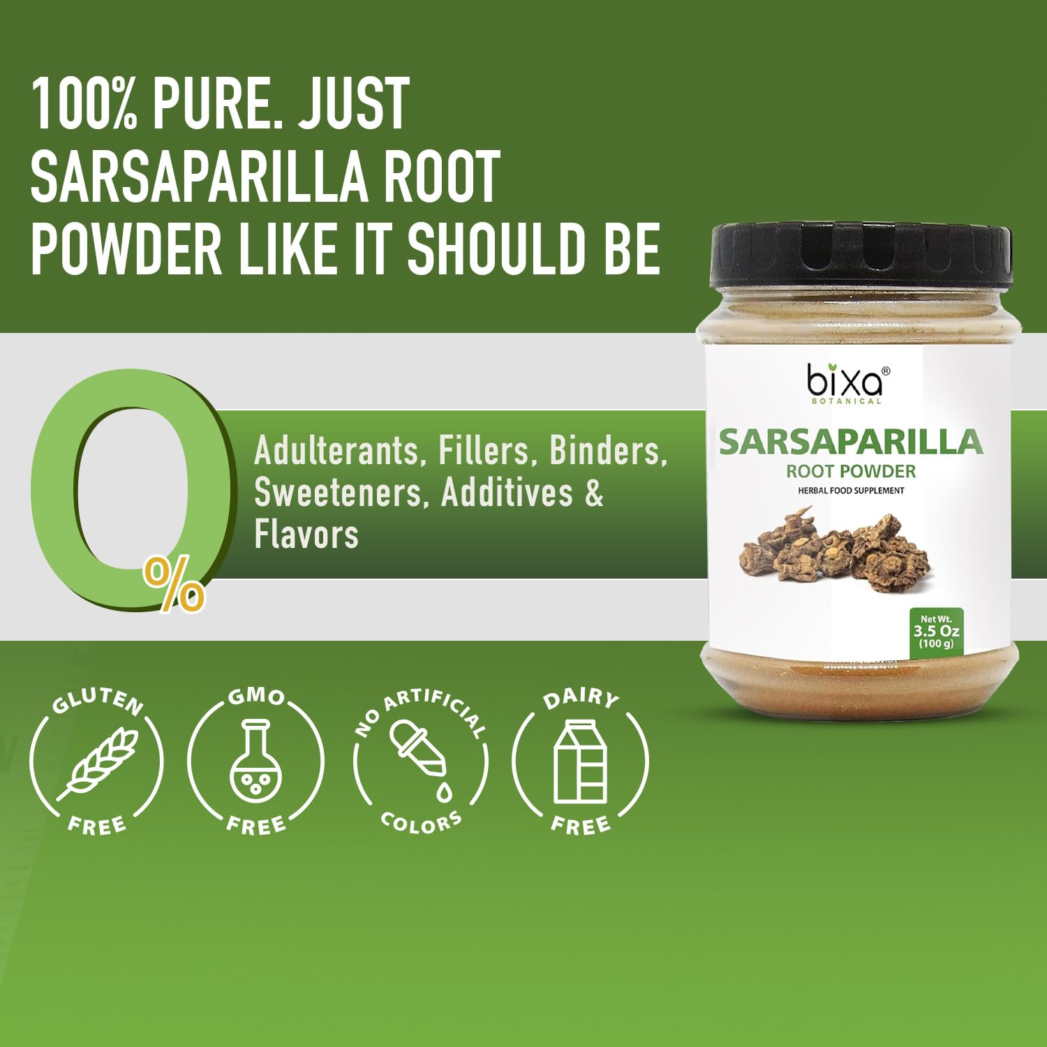 bixa BOTANICAL Sarsaparilla powder in a bowl evokes earthy aroma for wellness routines.