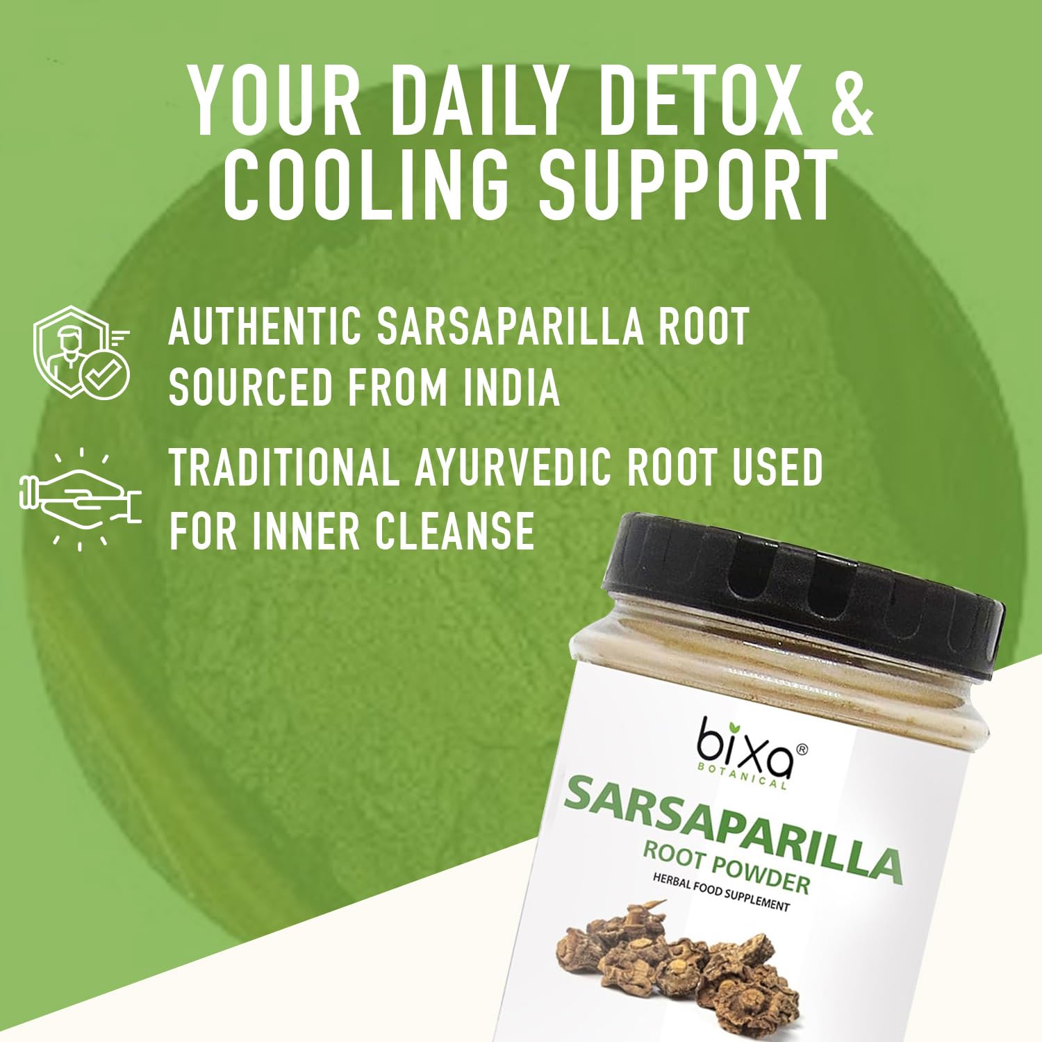bixa BOTANICAL Sarsaparilla root powder closeup shows natural color and purity.