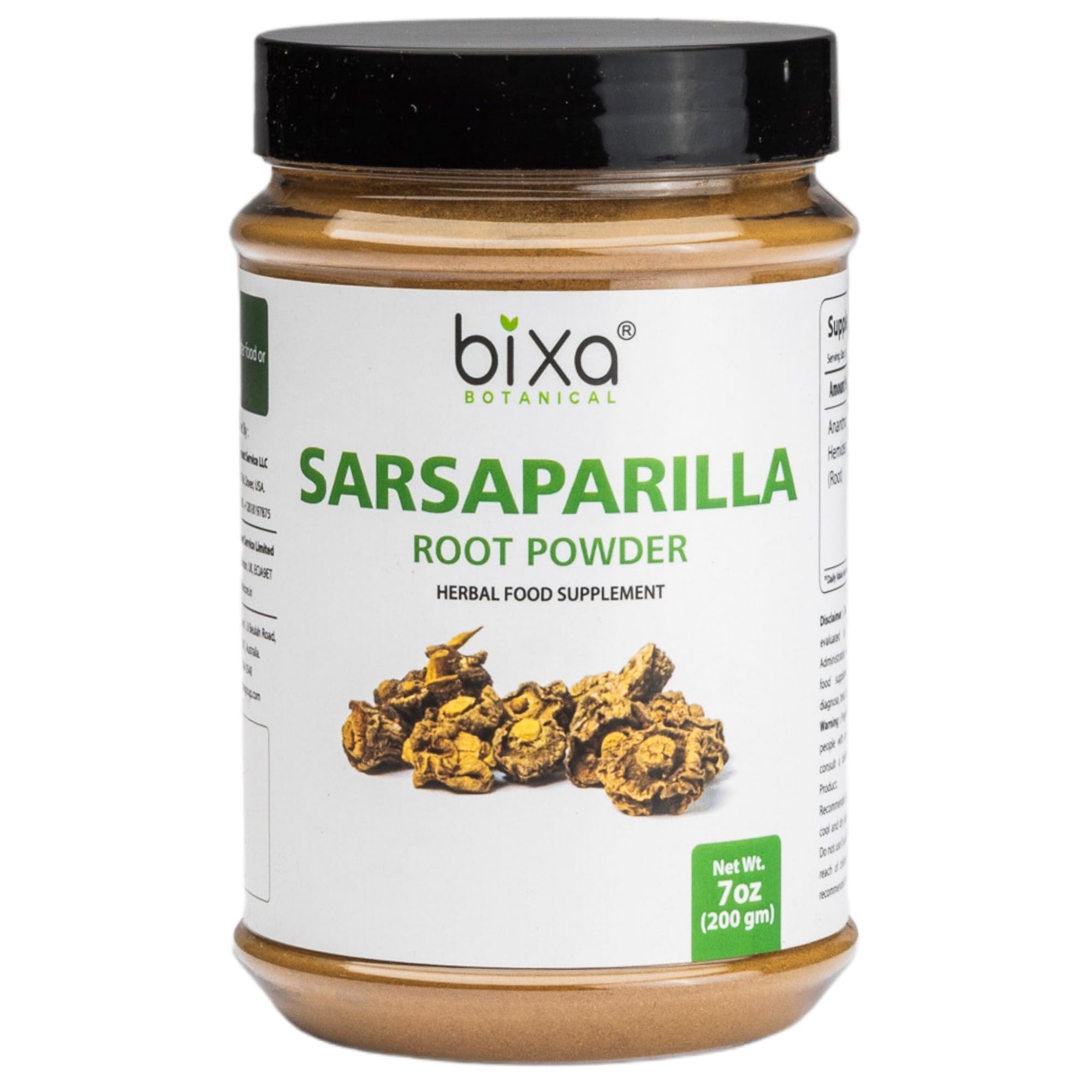 Bixa Botanical Sarsaparilla root powder jar highlighting premium, pure Ayurvedic supplement for daily wellness.