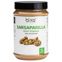 Bixa Botanical Sarsaparilla root powder jar highlighting premium, pure Ayurvedic supplement for daily wellness.