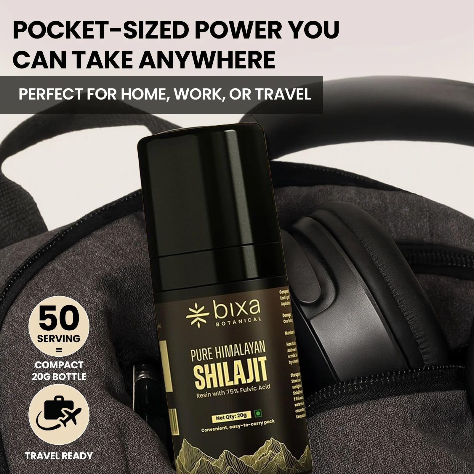 Bixa BOTANICAL Shilajit bottle showing 50 servings for long-lasting supply