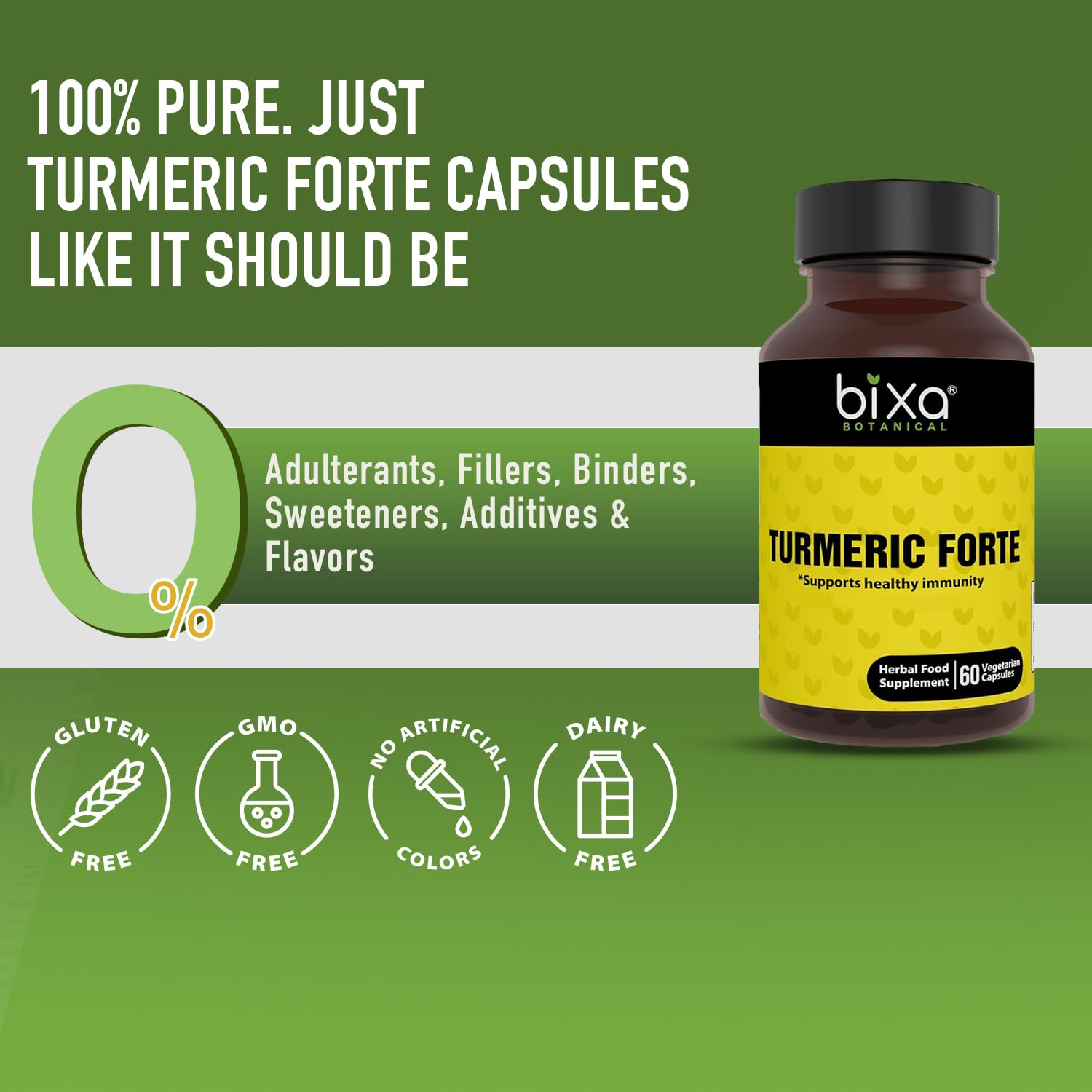 bixa botanical turmeric forte capsules packaging box, sustainable Ayurvedic herbal supplement