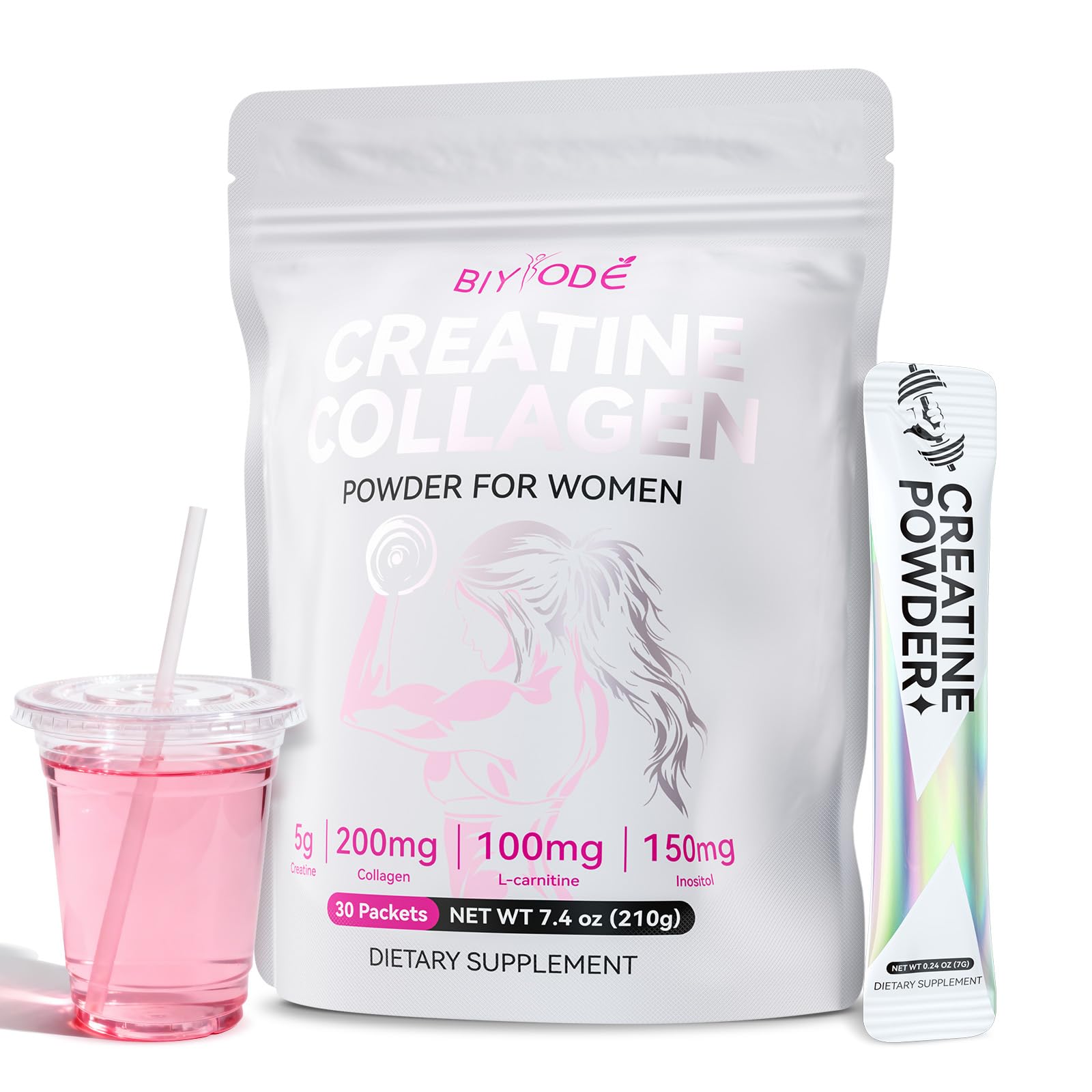 BIYODE Creatine Powder Sticks packaging for women's fitness and on-the-go use