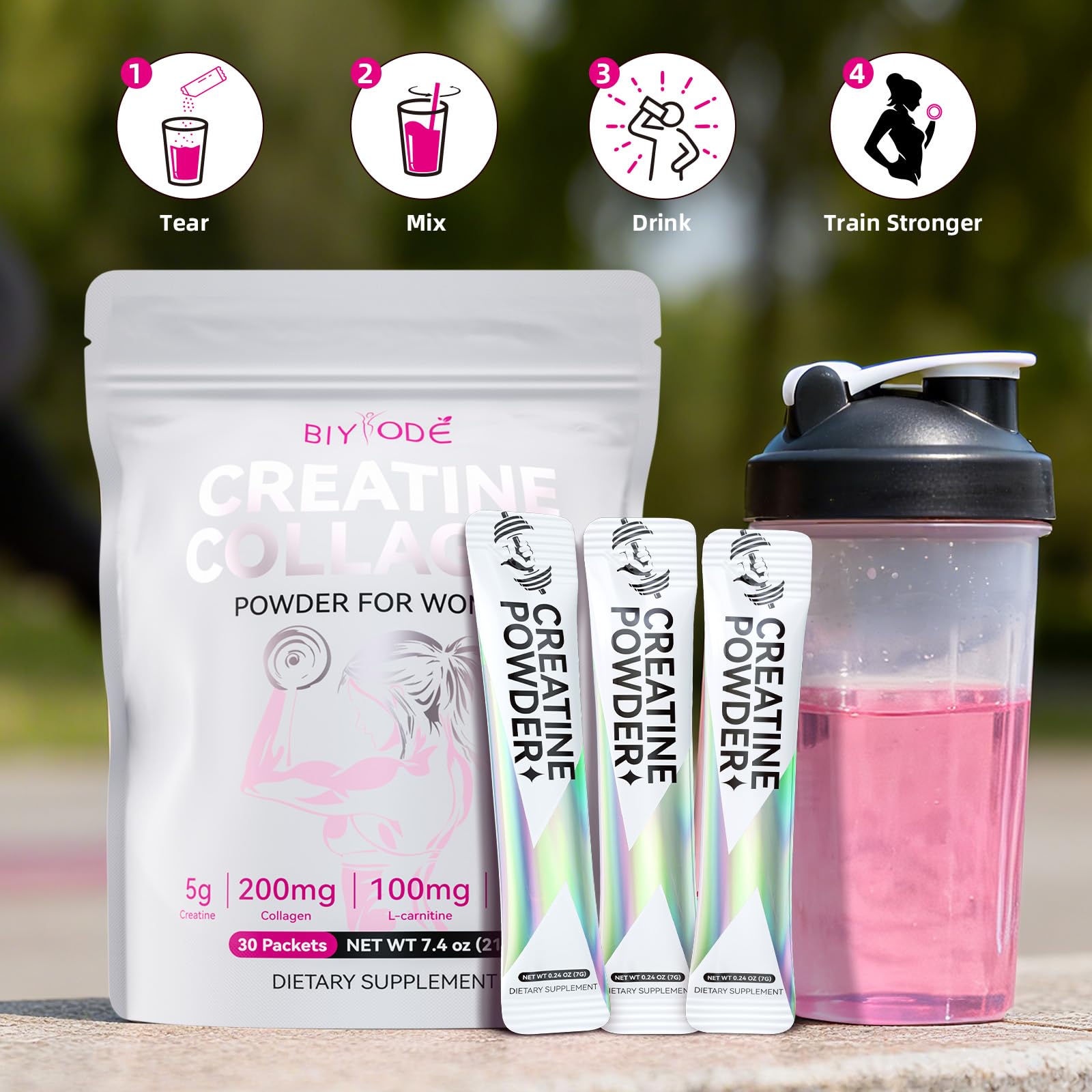 BIYODE pink drink sachet beside a shaker bottle for women fitness