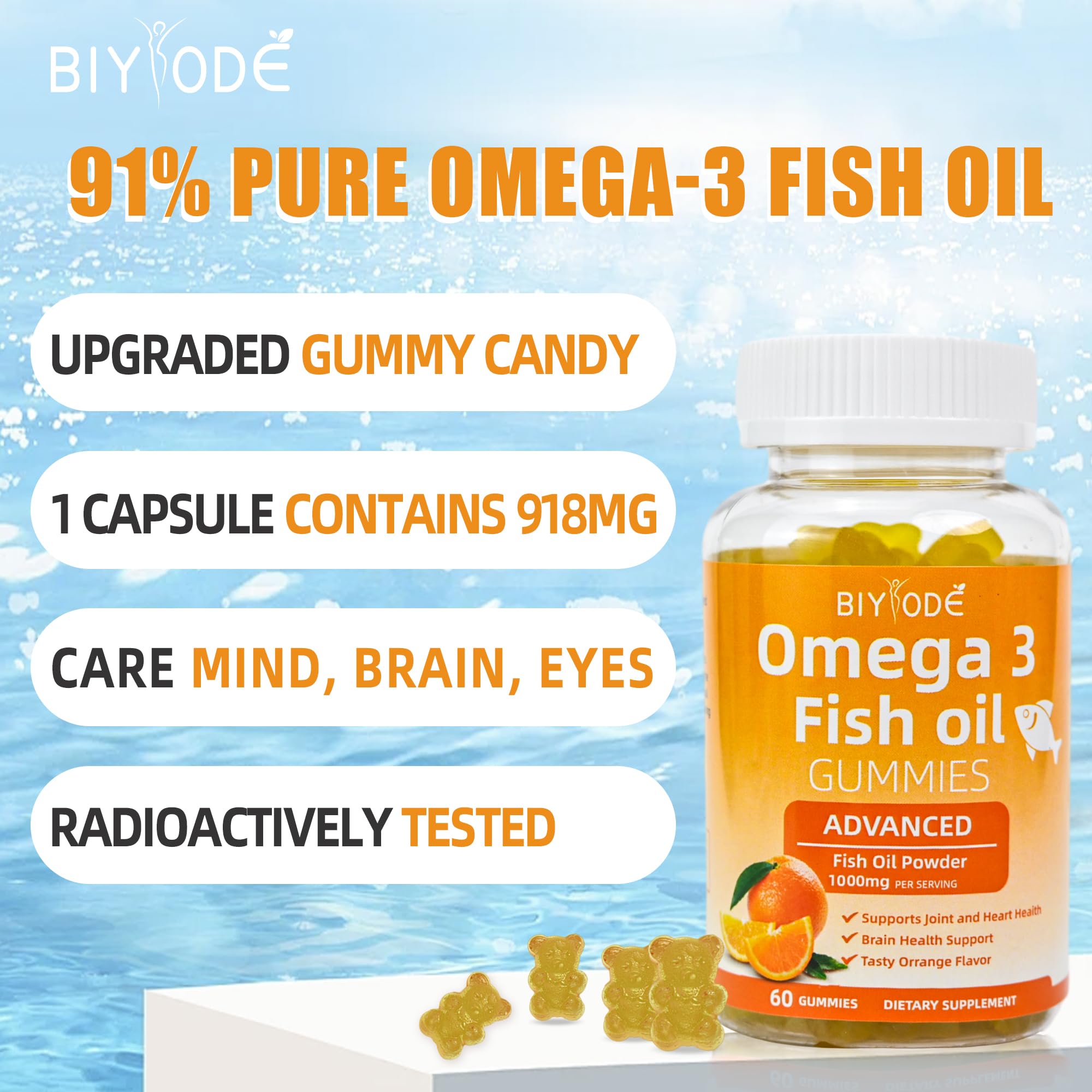 BIYODE Omega-3 gummies near eye imagery suggesting eye health benefits.