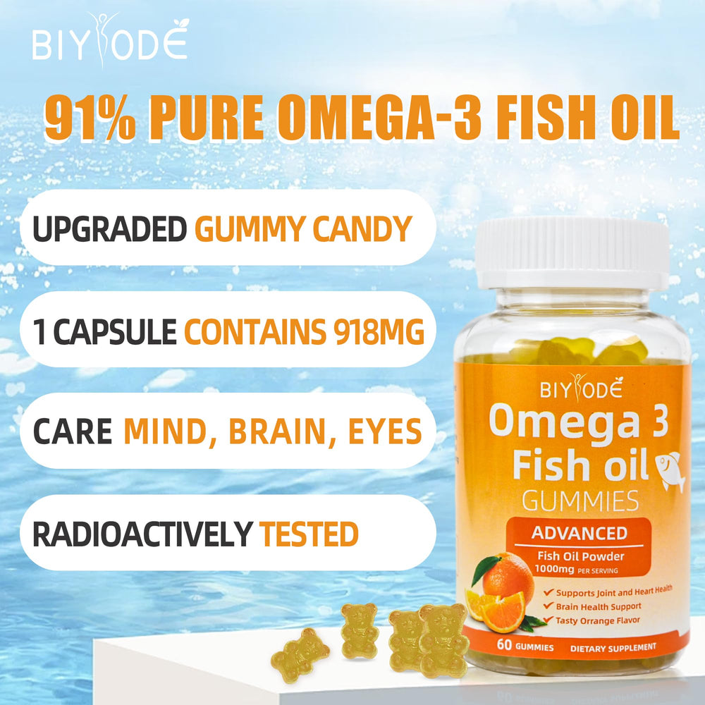 BIYODE Omega-3 gummies near eye imagery suggesting eye health benefits.