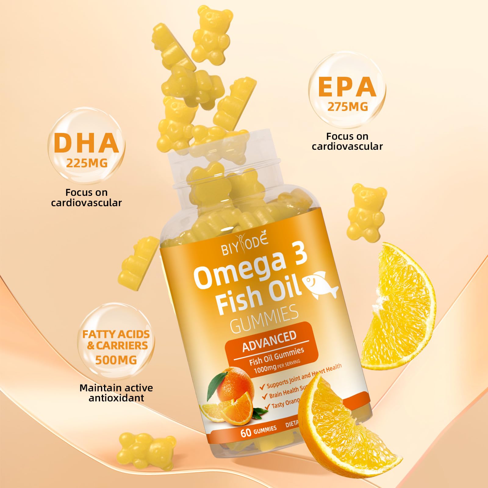 Pour shot of BIYODE Omega-3 gummies showing easy daily dosing.