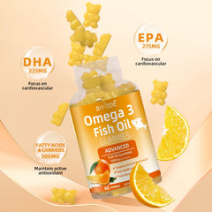 Pour shot of BIYODE Omega-3 gummies showing easy daily dosing.
