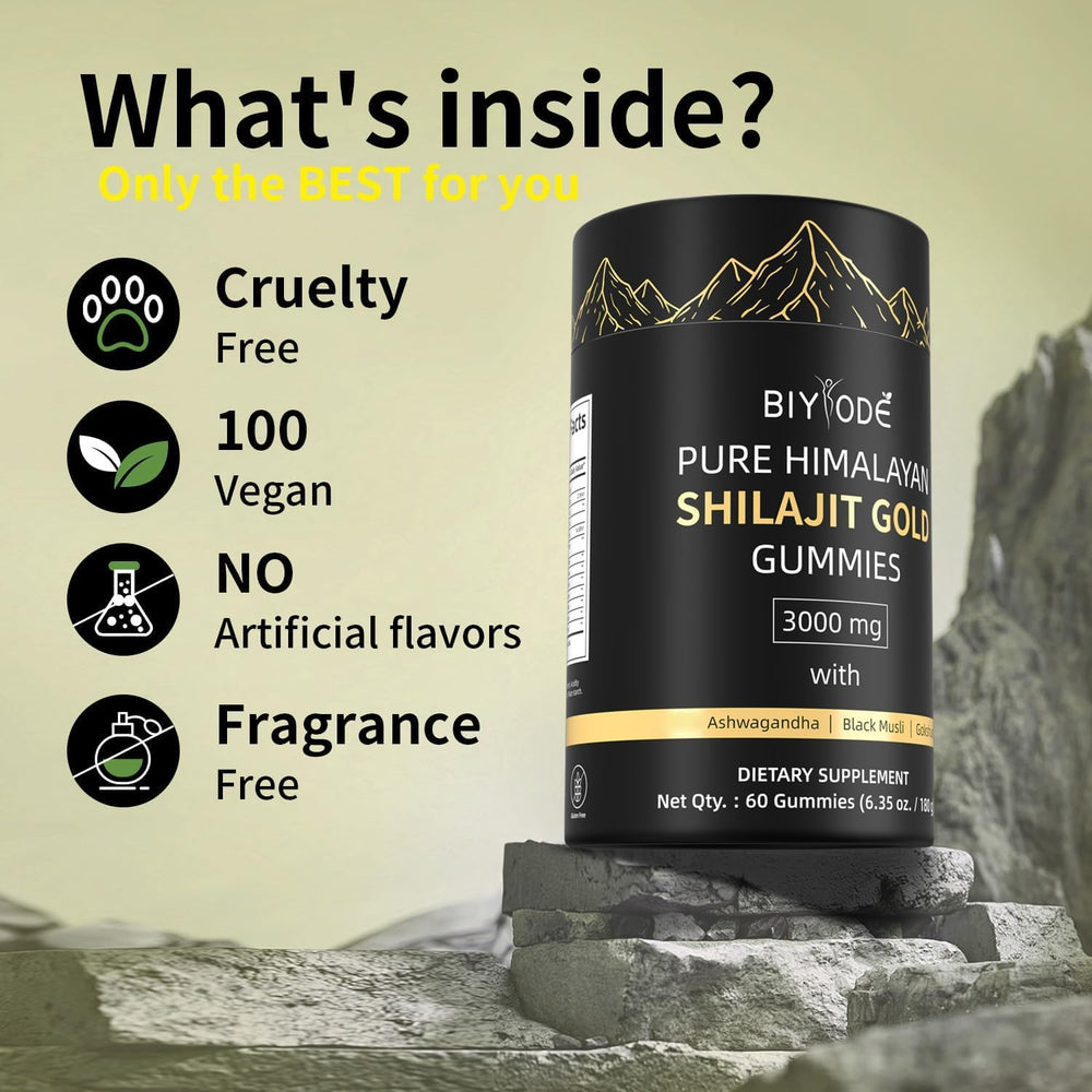 BIYODE Shilajit Gummies with ashwagandha and botanicals imagery.