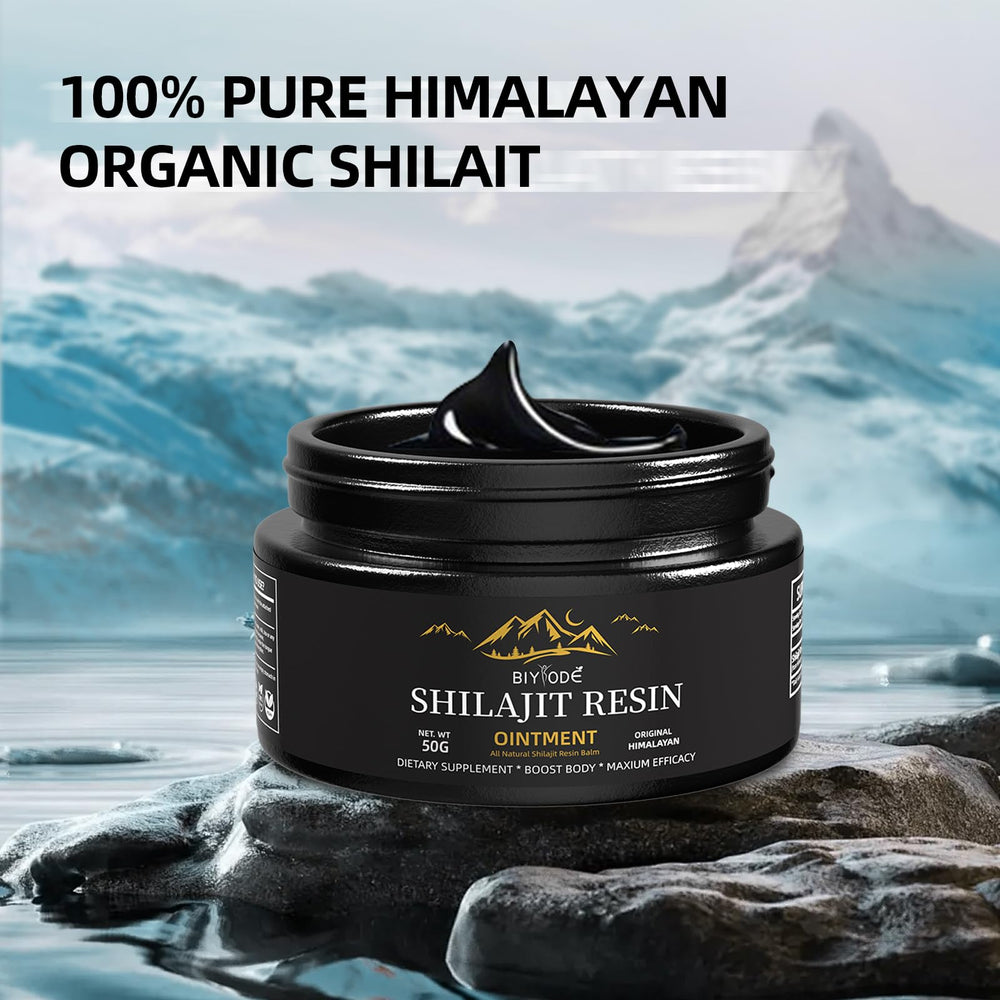 BIYODE vegan non-GMO Shilajit packaging with 85 minerals label.