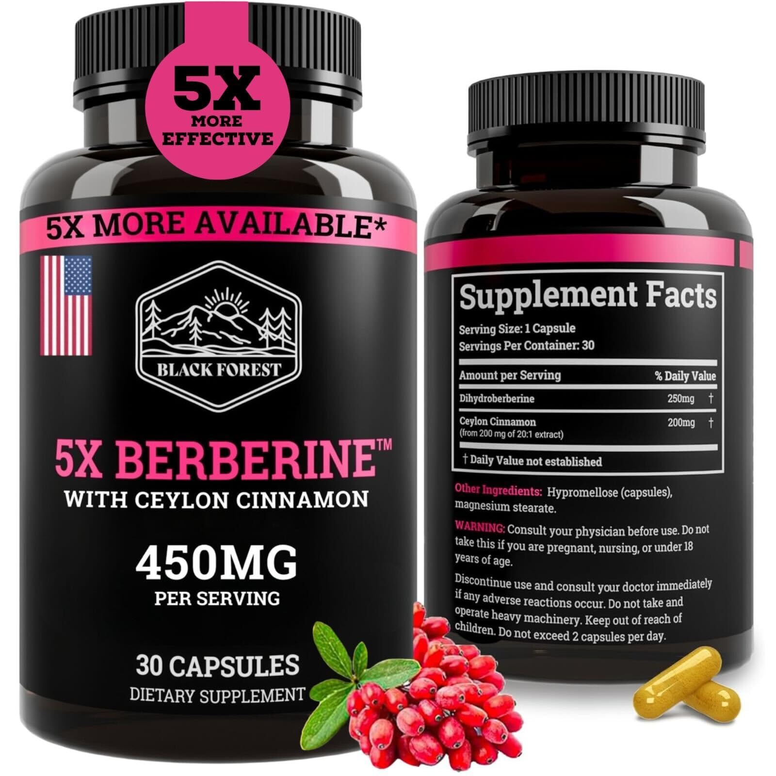 Black Forest 5X Berberine DHB bottle highlighting advanced absorption and use