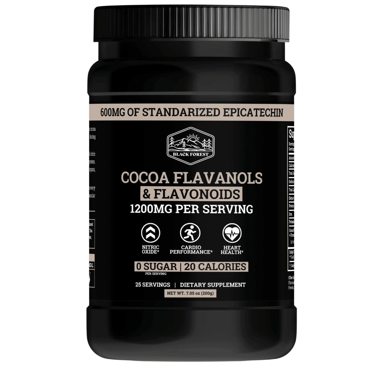 Black Forest High Flavanol Cocoa Powder tub front for premium heart-supporting cocoa