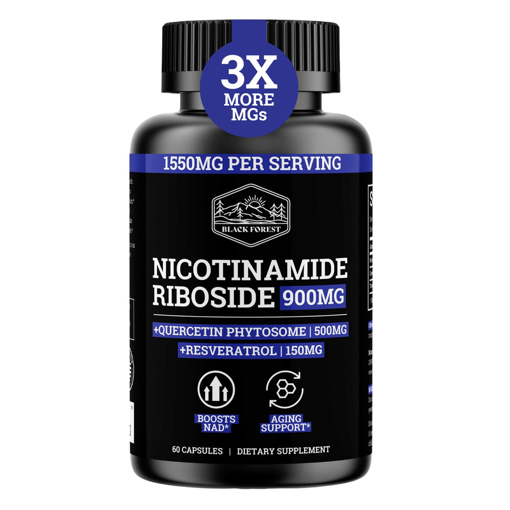 Black Forest NAD bottle on a clean surface showcases premium NR supplement for energy