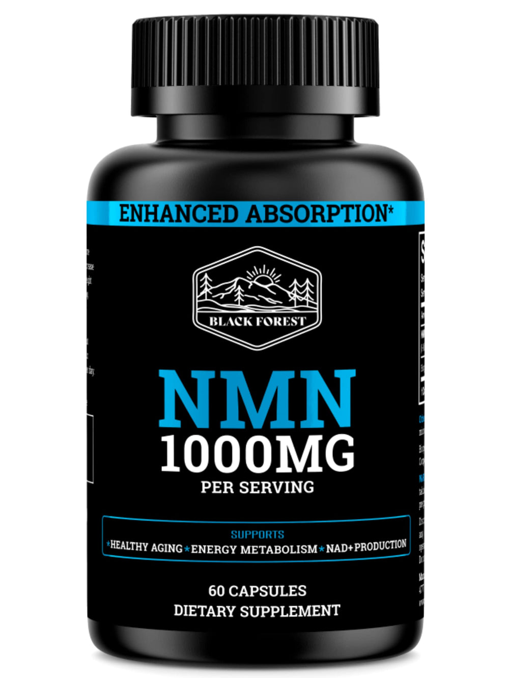 Black Forest NMN 1000mg bottle front with 60 capsules for daily NAD+ support.