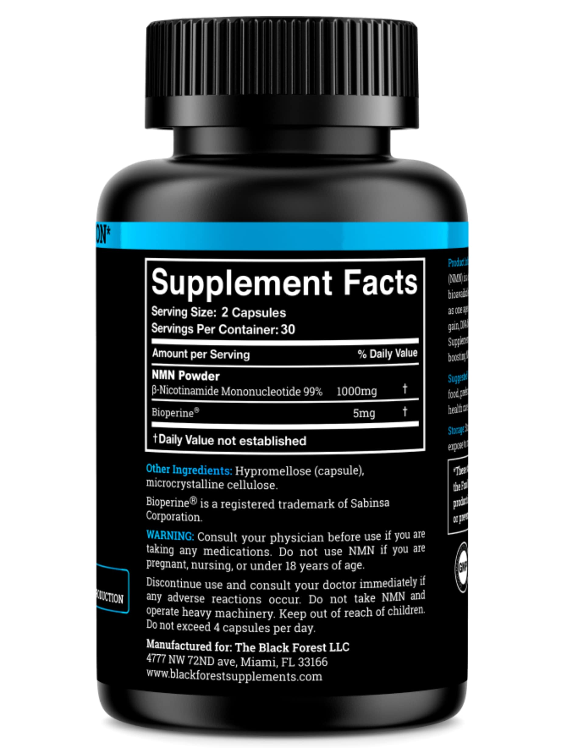 Black Forest NMN bottle sealed cap emphasizing freshness and stability for potency.