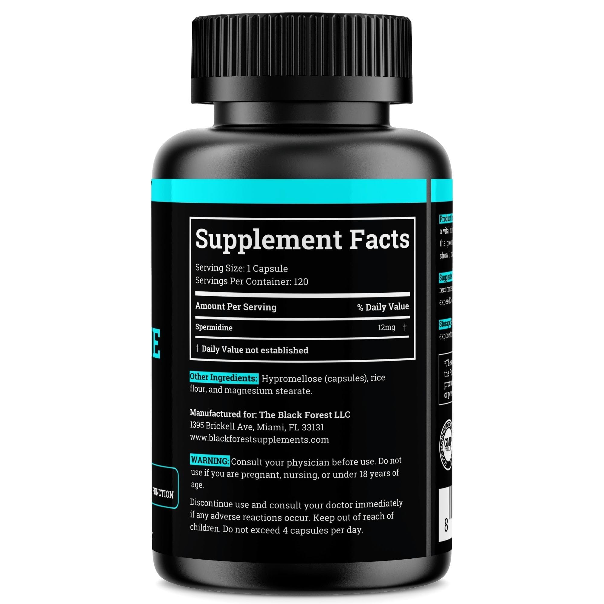 Close-up of Black Forest spermidine capsules at 12 mg per serving