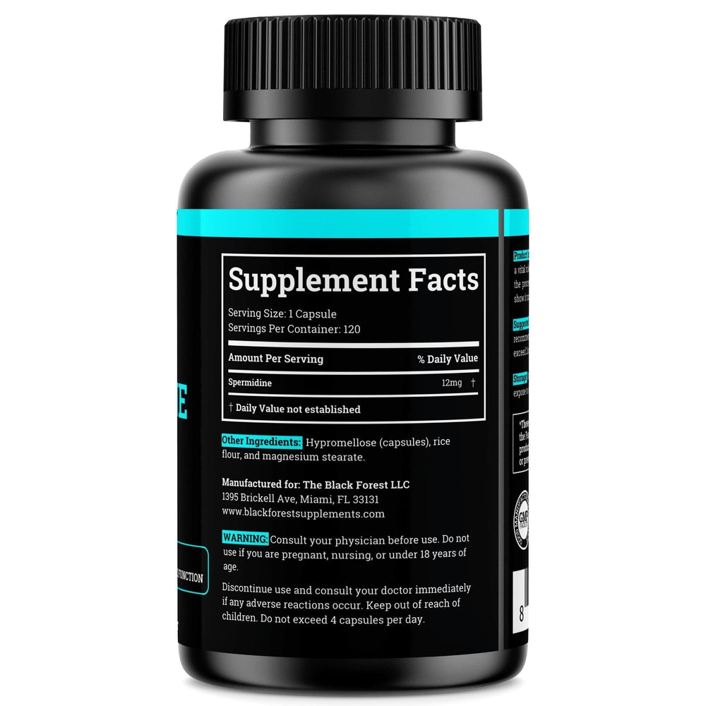 Close-up of Black Forest spermidine capsules at 12 mg per serving